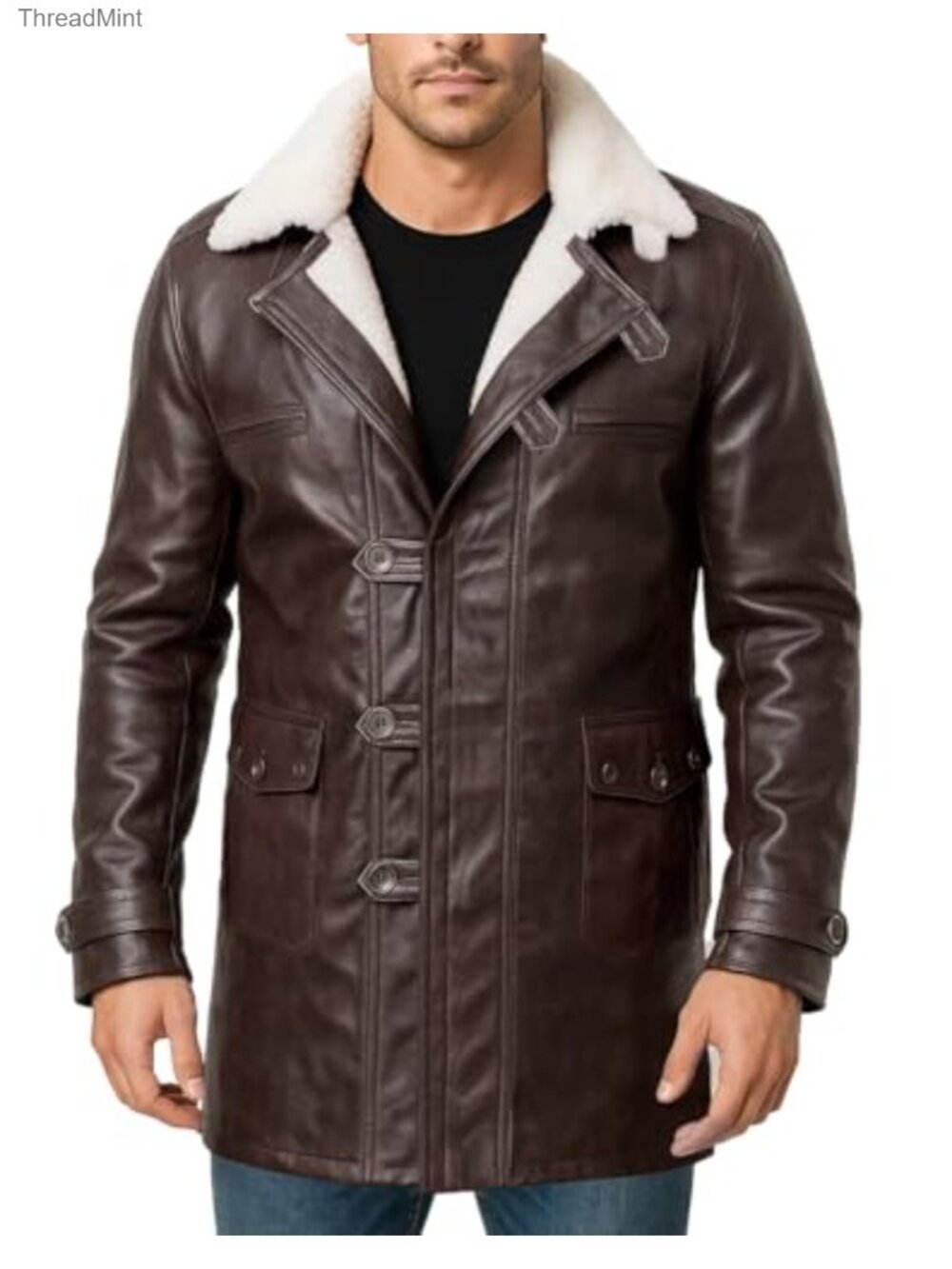 Faux Leather Shearling Overcoat Military Vest Coat Jacket Winter Warm